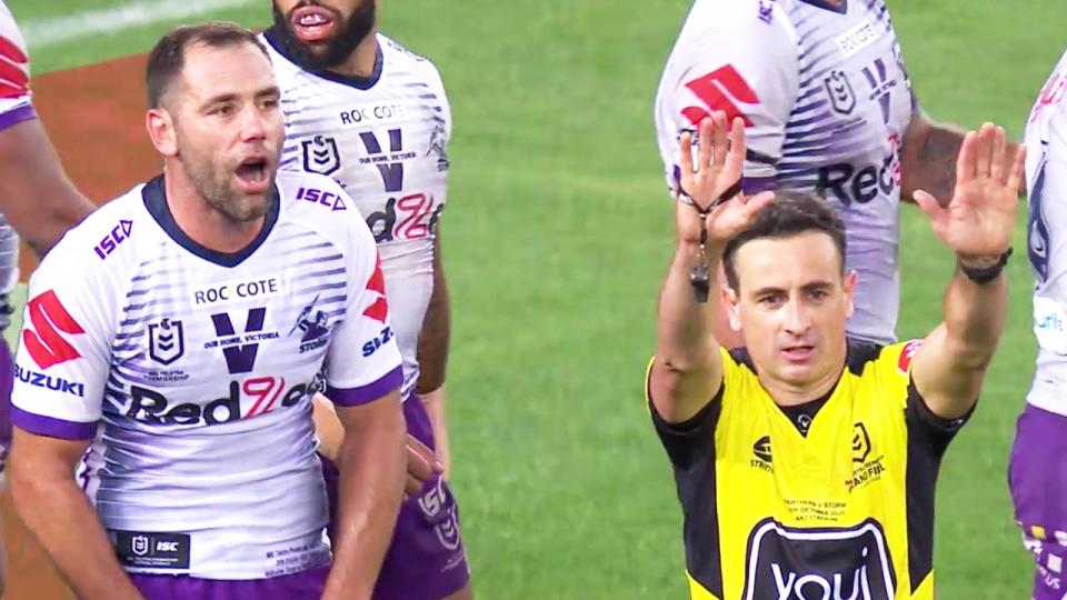 Cameron Smith (pictured left) shocked after Gerard Sutton's (pictured right) decision to send Jahrome Hughes to the sin-bin in the NRL grand final.