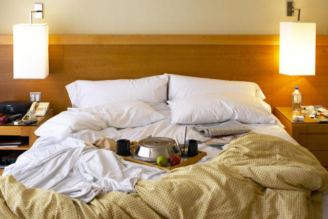 messy hotel bed