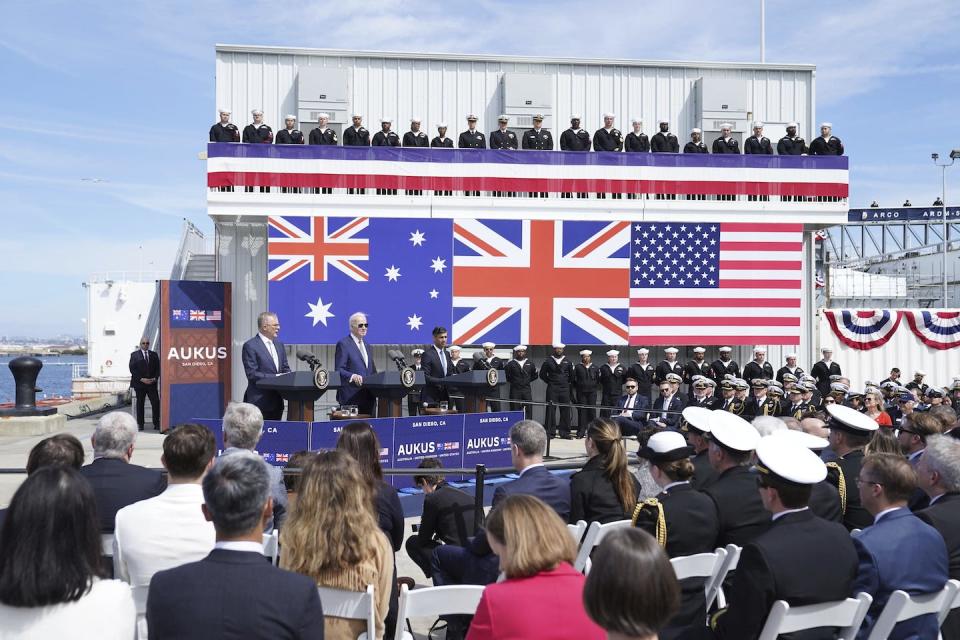 The leaders of the U.S., U.K. and Australia make an announcement about the AUKUS alliance in March 2023. <a href="https://newsroom.ap.org/detail/USBritainSunak/65a989fb98ac4a08b7d11a699f2c509c/photo" rel="nofollow noopener" target="_blank" data-ylk="slk:Stefan Rousseau/Pool via AP;elm:context_link;itc:0;sec:content-canvas" class="link ">Stefan Rousseau/Pool via AP</a>