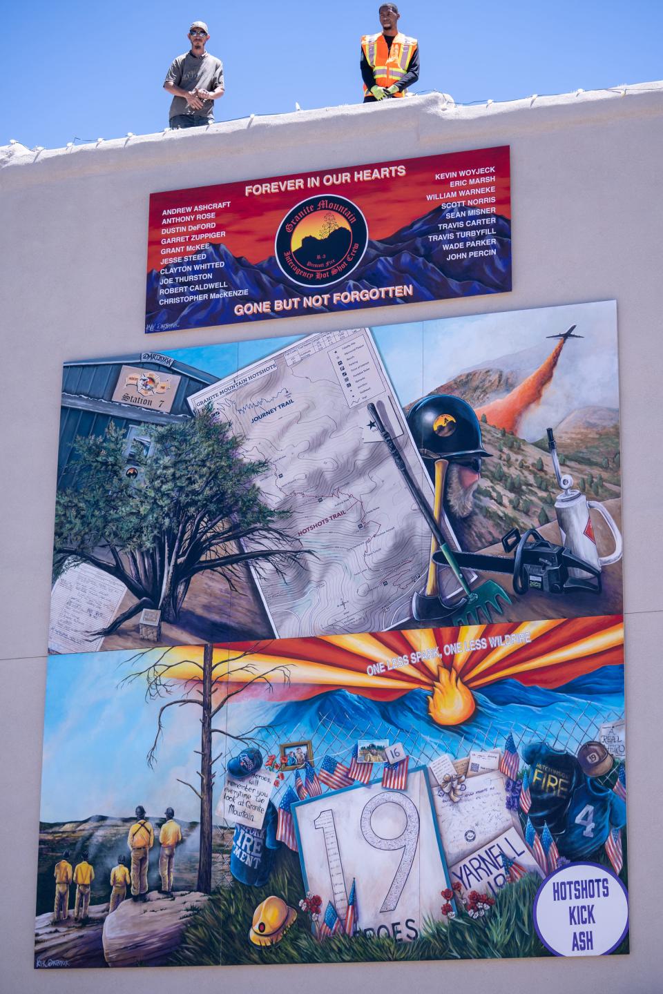 A view of a mural honoring the Granite Mountain Hotshots who died in the 2013 Yarnell Hill Fire at the Chamber of Commerce in Prescott on June 28, 2023.