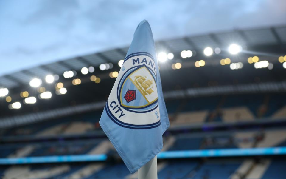 A general view of a Manchester City corner flag prior to the Carabao Cup Third Round match between Manchester City and Watford at Etihad Stadium on September 24, 2024 in Manchester, England