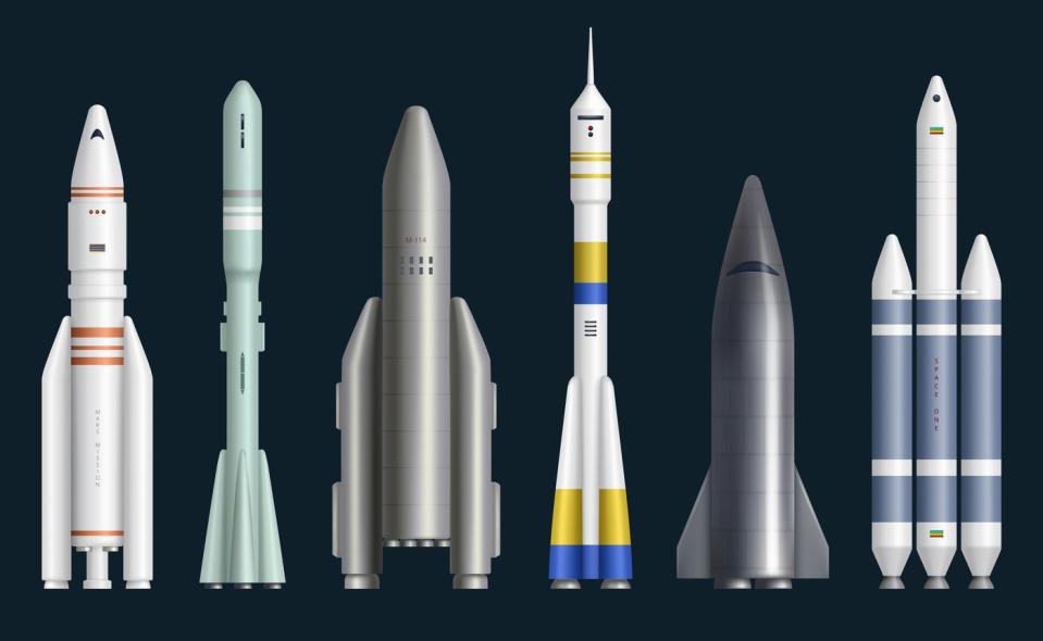 Row of rockets of different shapes and sizes.