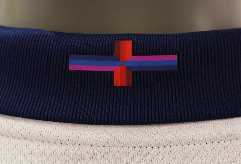 Nike altered the cross using purple and blue horizontal stripes on the back of the England Football Team’s shirt ahead of Euro 2024 (Action Images via Reuters)