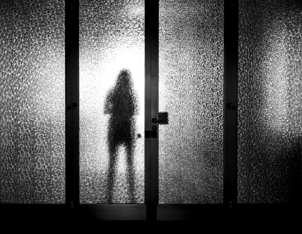 A person's silhouette through a glass door
