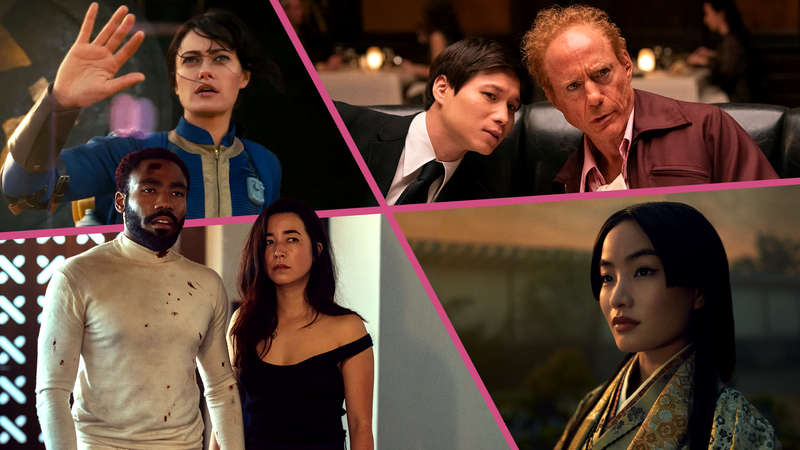 Clockwise from bottom left: Donald Glover and Maya Erskine in Mr. And Mrs. Smith (Photo: David Lee/Prime Video), Ella Purnell in Fallout (Photo: Prime Video), Hoa Xuande and Robert Downey Jr. in The Sympathizer (Photo: HBO), Anna Sawai in Shōgun (Photo: Kurt Iswerienko/FX)