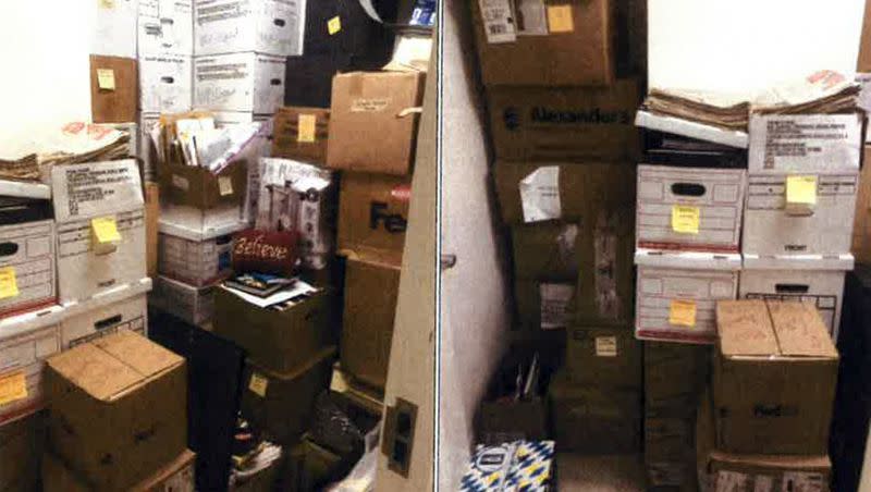 This image, contained in the report from special counsel Robert Hur, shows boxes in a storage closet at the Penn Biden Center in Washington, in March 2021. President Joe Biden will not be charged over his handling of confidential documents as vice president.