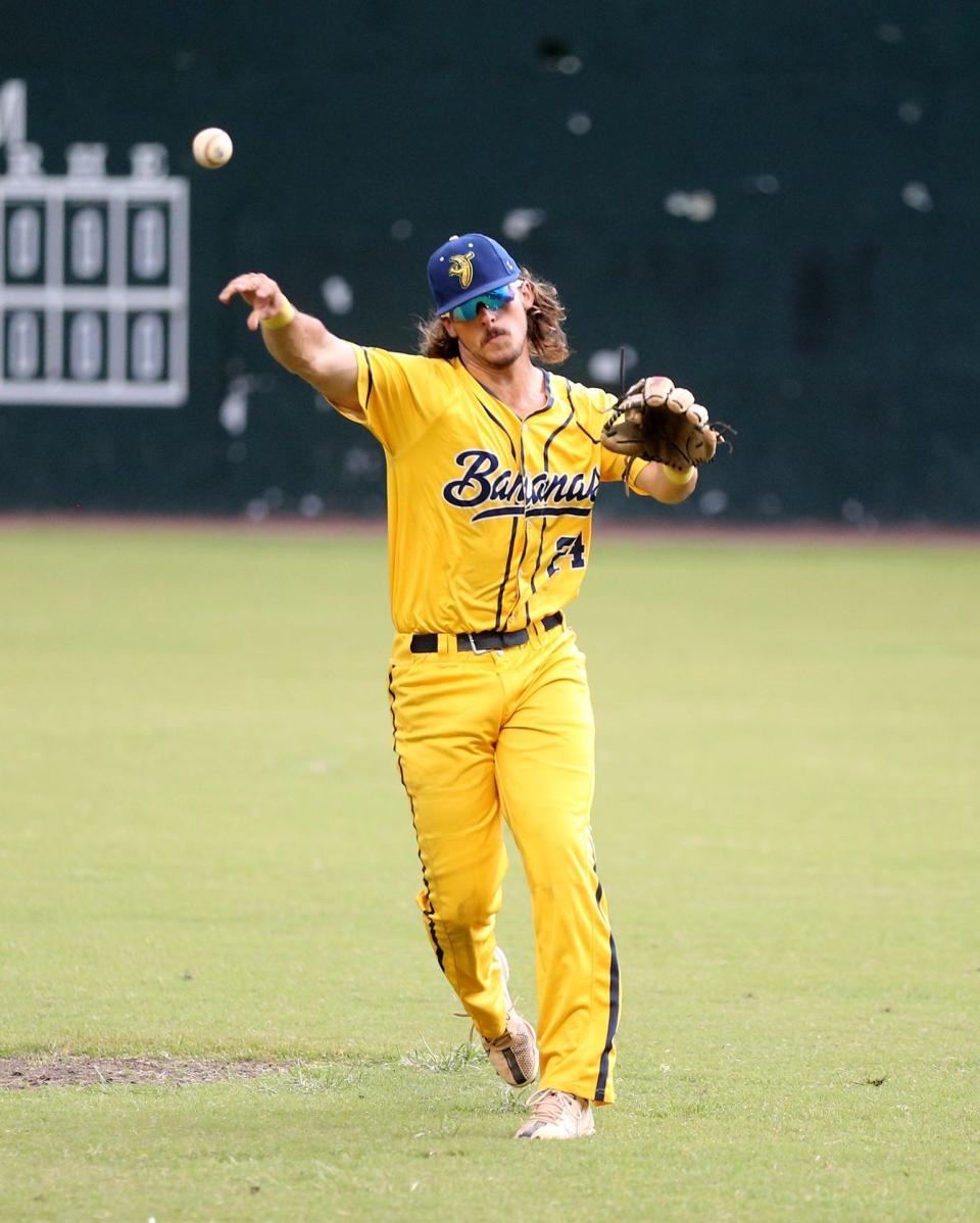Savannah Bananas third baseman Beau Brewer warms up before a recent home game. On Tuesday, the New York Yankees selected Brewer out of Paris (Texas) Junior College in the 19th round, 580th overall pick, of the 2022 MLB draft.
