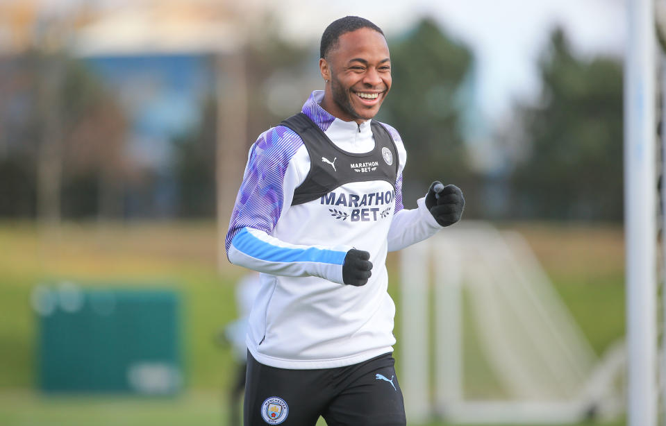 MANCHESTER, ENGLAND - MARCH 12: Manchester City's Raheem Sterling in action during training at Manchester City Football Academy on March 12, 2020 in Manchester, England. (Photo by Tom Flathers/Manchester City FC via Getty Images)