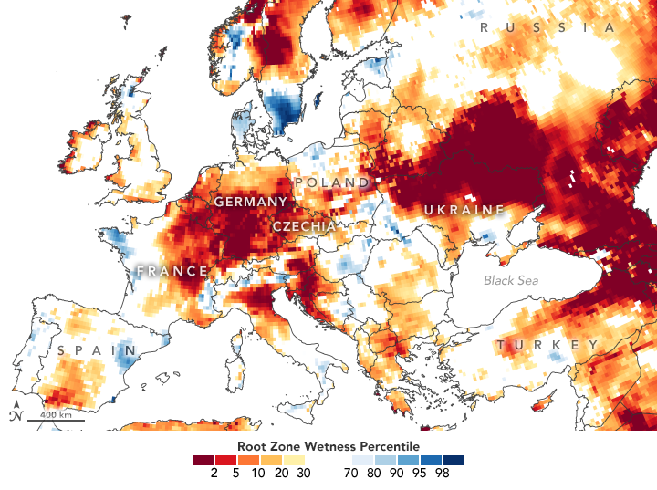 Soil moisture as of June 22, 2020. Blue areas are wetter than usual, while orange and red areas are drier. NASA