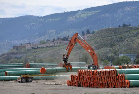Steel pipe to be used in the oil pipeline construction of Kinder Morgan Canada's Trans Mountain Expansion Project is stored at a stockpile site in Kamloops, British Columbia, Canada May 29, 2018. REUTERS/Dennis Owen