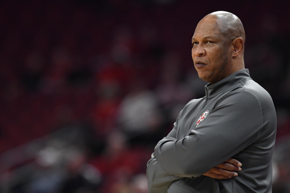 Louisville head basketball coach Kenny Payne watches his players during the first half of an NCAA college basketball game against Virginia Tech in Louisville, Ky., Tuesday, Mar. 5, 2024. (AP Photo/Timothy D. Easley)