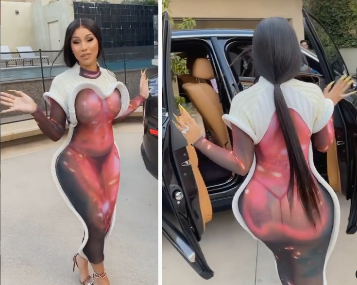 Beim zweiten Blick auf das Kleid waren die Fans sogar noch verwirrter von der Kombination aus Aufdruck und transparentem Mesh. Foto: Instagram/ iamcardib