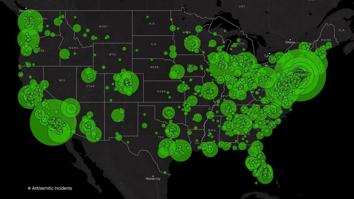 <div>A map of antisemitic incidents as recorded by the ADL.</div> <strong>(Anti Defamation League / Supplied)</strong>