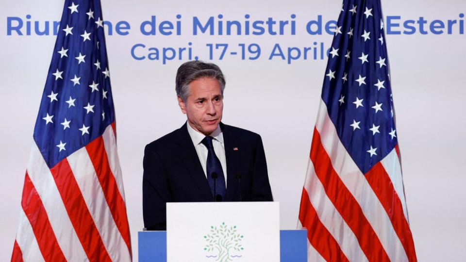 PHOTO: Secretary of State Antony Blinken holds a press conference at the end of the G7 foreign ministers meeting on Capri Island, Italy, Apr. 19, 2024. (Remo Casilli/Reuters)