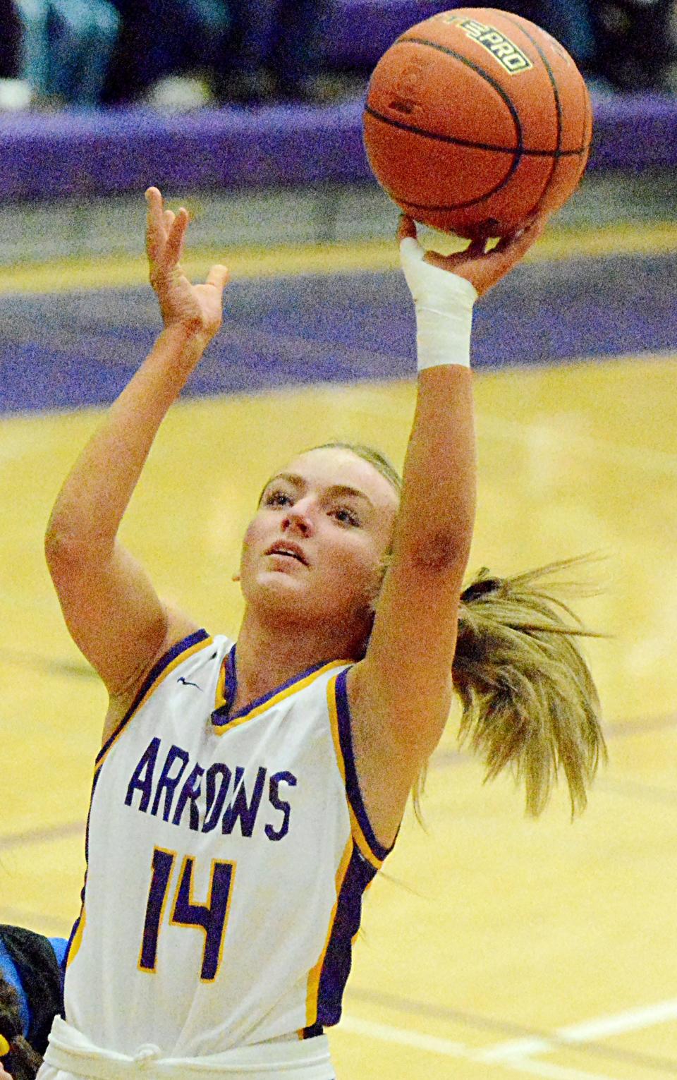 Watertown's Miranda Falconer shoots the ball during a high school girls basketball game on Monday, Feb. 20, 2023 in the Watertown Civic Arena.