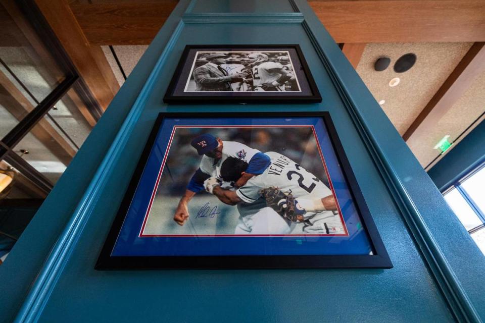 Historical photos of Roger Staubach of the Dallas Cowboys and Nolan Ryan of the Texas Rangers in the ‘arcade room’ at the new Bowie House hotel in Fort Worth on Tuesday, Nov. 28, 2023. Chris Torres/ctorres@star-telegram.com