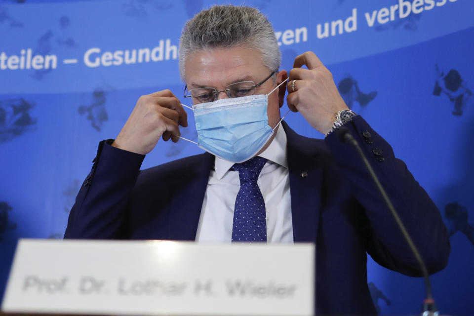 The head of the Robert Koch Institute, Germany's federal government agency and research institute responsible for disease control and prevention, Lothar Wieler, arrives for a news conference on the coronavirus and the COVID-19 disease in Berlin, Thursday, Oct. 22, 2020. Germany's disease control center is reporting a new daily record increase in coronavirus infections, which rocketed past the 10,000 mark for the first time as the pandemic continues to spread. (AP Photo/Markus Schreiber, Pool)