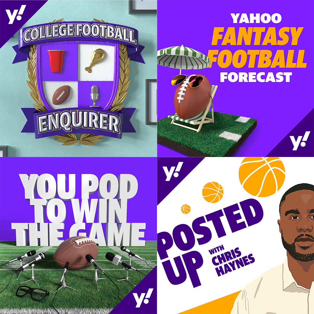 The current slate of podcasts offered by Yahoo Sports (clockwise): College Football Enquirer, Yahoo Fantasy Football Forecast, Posted Up with Chris Haynes, You Pod to Win the Game. (Yahoo Sports)