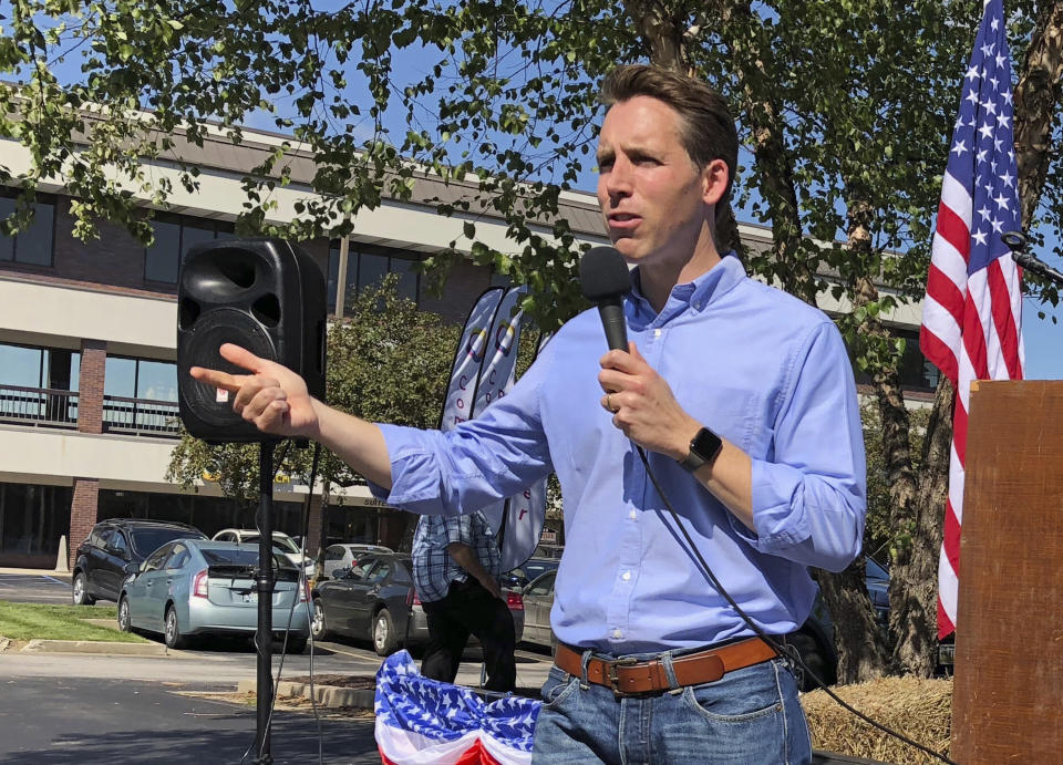 In this Sept. 12, 2018, photo, Missouri GOP Attorney General Josh Hawley speaks to voters during a stop in Columbia, Mo. Hawley is trying to unseat Democratic Sen. Claire McCaskill. (AP Photo/Sara Burnett)