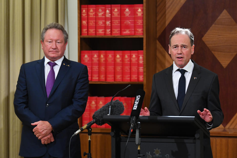 Andrew Forrest and Greg Hunt make the announcement on Wednesday. Source: AAP