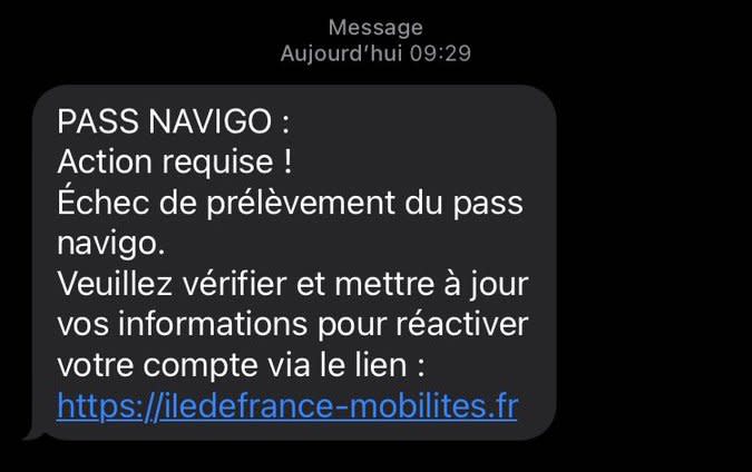 Capture d'écran d'un texto prétendument envoyé par le service de transports d'Ile-de-France. Il s'agit d'une tentative de phishing par SMS. (L. C.)