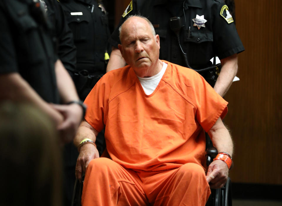 Joseph James DeAngelo, 72, who authorities said was identified by DNA evidence as the serial predator dubbed the Golden State Killer , appears at his arraignment in California Superior court in Sacramento