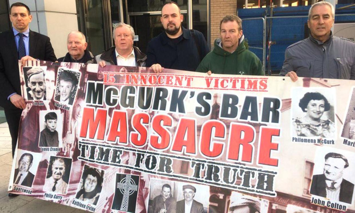 <span>Relatives of the McGurk's bar bombing victims outside the police ombudsman’s office in Belfast in 2017.</span><span>Photograph: O Muirigh Solicitors/PA</span>