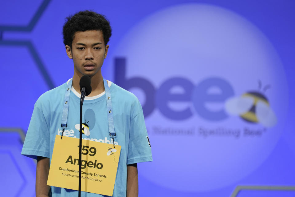 Angelo Aldoph, 14, of Fayetteville, North Carolina, listens during the competition at the Scripps National Spelling Bee, in Oxon Hill, Md., Tuesday, May 28, 2024. (AP Photo/Mariam Zuhaib)