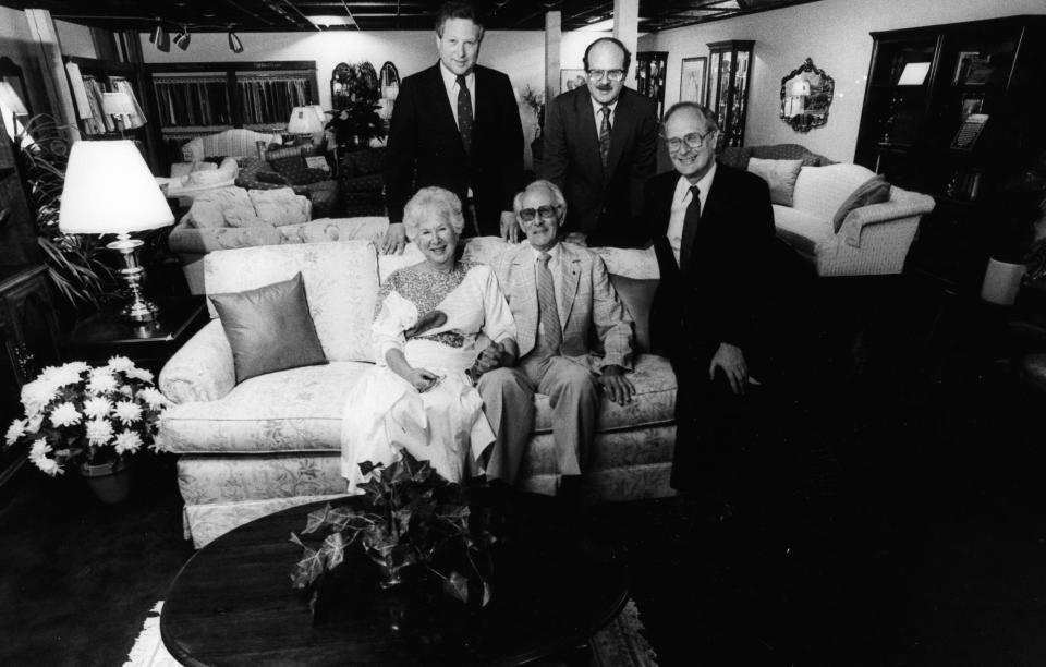 The Rotman family in 1987: Ida and Murray Rotman, seated on sofa, and their three sons, Bernie, standing at left, Steve, center, and Barry.