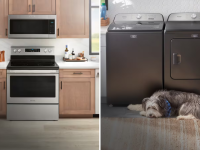 A collage with a Maytag Power Stack and washer-dryer combo with a dog in front.