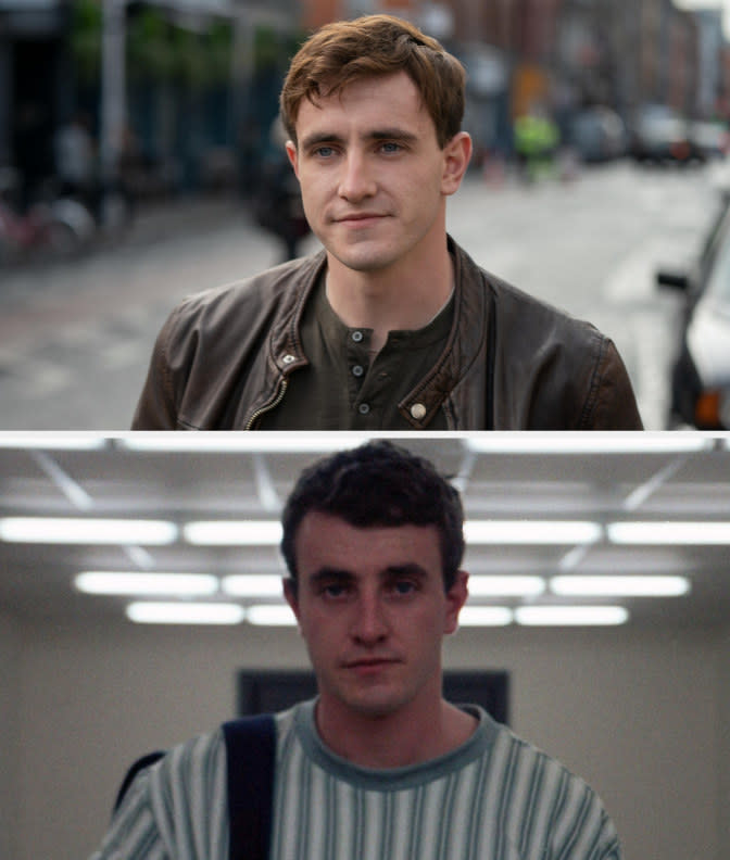 Above, a closeup of Paul in Normal People; below, a closeup of him as the dad in Aftersun