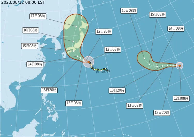 蘭恩颱風(左)今起影響日本天氣，朵拉颱風在今早進入西太平洋。氣象局提供