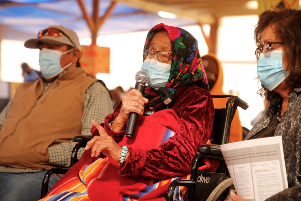 At center, Helen Nez speaks about uranium contamination in Blue Gap-Tachee Chapter, where she lives in Arizona, during the April 22 field hearing by the U.S. Nuclear Regulatory Commission.