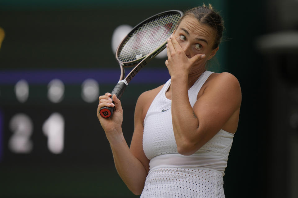 Aryna Sabalenka of Belarus looks on during her women's singles match against Madison Keys of the US on day ten of the Wimbledon tennis championships in London, Wednesday, July 12, 2023. (AP Photo/Alastair Grant)