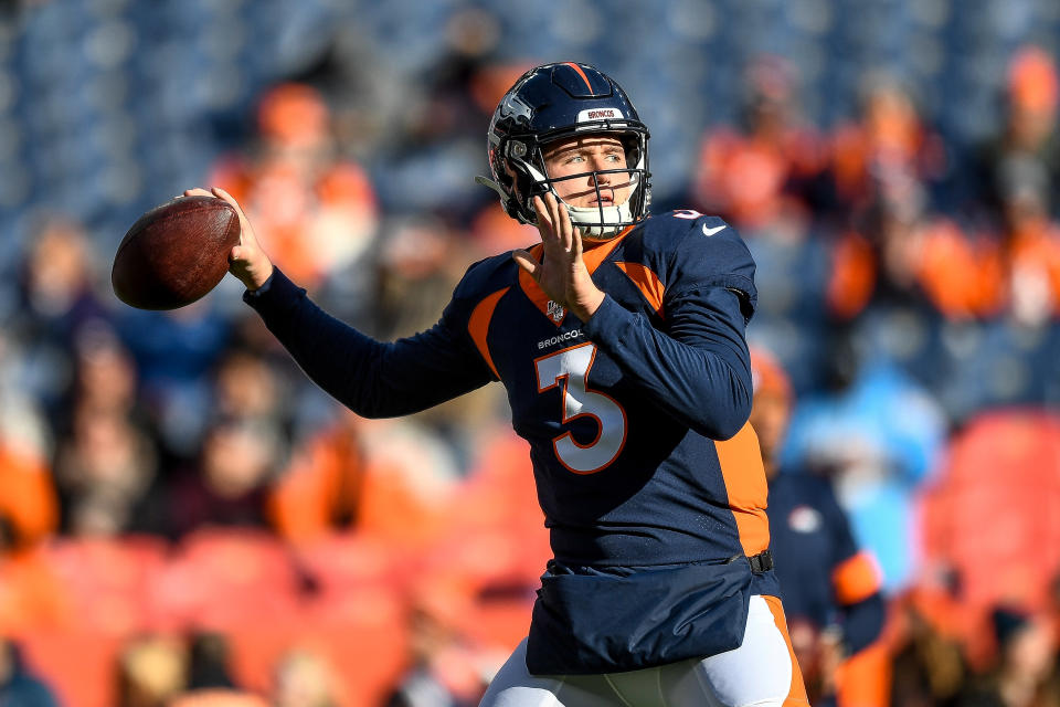 Drew Lock's first NFL touchdown pass was one to remember against the Los Angeles Chargers. (Photo by Dustin Bradford/Getty Images)