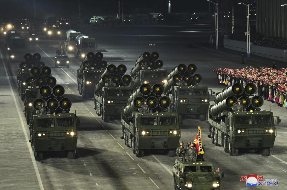 This photo provided by the North Korean government shows a military parade marking the ruling party congress, at Kim Il Sung Square in Pyongyang, North Korea Thursday, Jan. 14, 2021. North Korea rolled out developmental ballistic missiles designed to be launched from submarines and other military hardware in a parade that punctuated leader Kim Jong Un’s defiant calls to expand his nuclear weapons program. Independent journalists were not given access to cover the event depicted in this image distributed by the North Korean government. The content of this image is as provided and cannot be independently verified. Korean language watermark on image as provided by source reads: "KCNA" which is the abbreviation for Korean Central News Agency. (Korean Central News Agency/Korea News Service via AP)