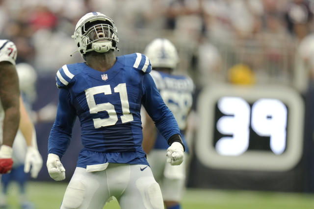 Indianapolis Colts defensive end Kwity Paye (51) lines up on defense during  an NFL football game against the New York Jets, Thursday, Nov. 4, 2021, in  Indianapolis. (AP Photo/Zach Bolinger Stock Photo - Alamy