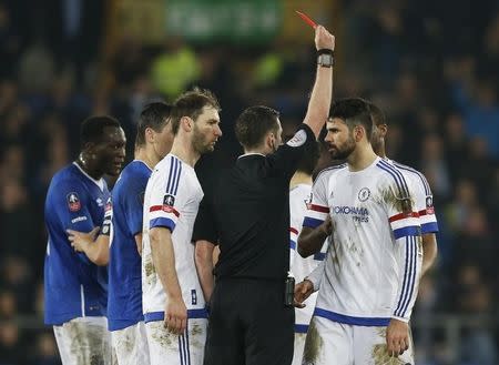 Football Soccer - Everton v Chelsea - FA Cup Quarter Final - Goodison Park - 12/3/16 Chelsea's Diego Costa is sent off by referee Michael Oliver Action Images via Reuters / Carl Recine