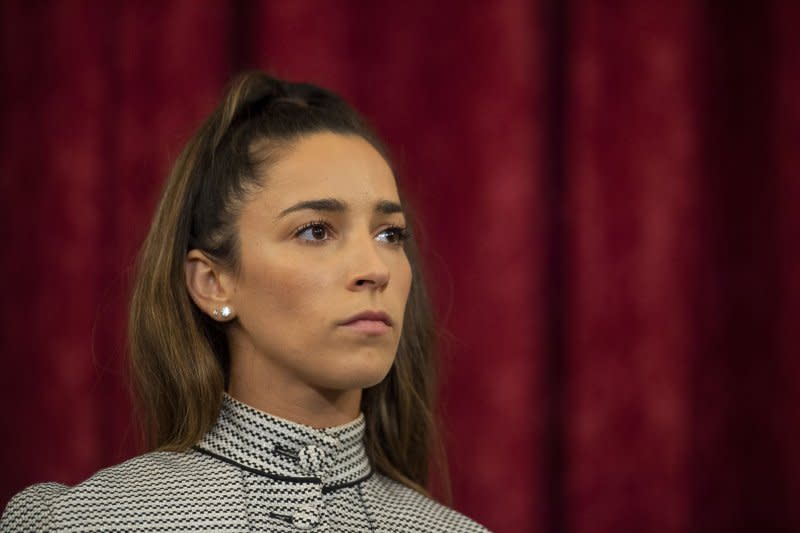 Retired U.S. Olympics gymnastics team member Aly Raisman attends a press conference after testifying during a Senate Judiciary Committee hearing in 2021, examining the Inspector General's report on the FBI's handling of the Larry Nassar investigation. File Photo by Bonnie Cash/UPI