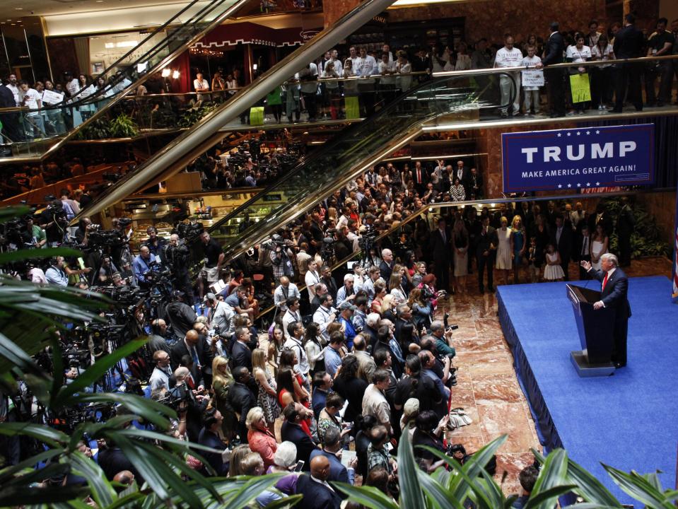 Donald Trump announces his bid for the presidency in the 2016 presidential race during an event at the Trump Tower on the Fifth Avenue in New York City on June 16, 2015.  (AFP via Getty Images)