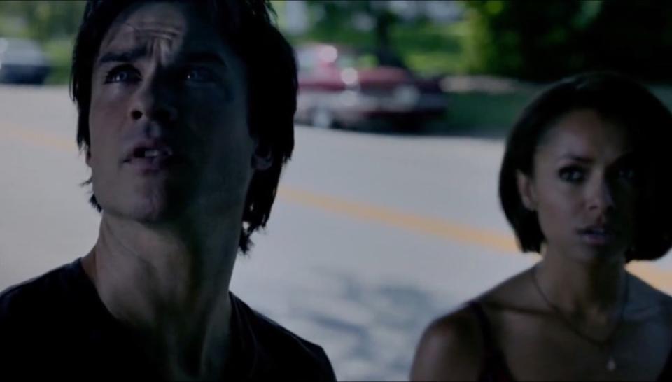 Damon Salvatore (Ian Somerhalder) and Bonnie Bennett (Kat Graham) are trapped in a time loop repeating a 1994 solar eclipse in “The Vampire Diaries.” The CW