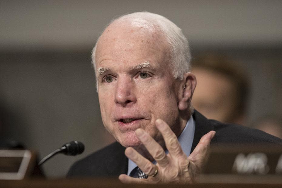 FILE - In this Jan. 12, 2017 file photo, Senate Armed Services Committee Chairman Sen. John McCain, R-Ariz. speaks on Capitol Hill in Washington. A day ahead of President Donald Trump’s weekend call with Russian President Vladimir Putin, the fight within the Republican Party over the direction of U.S. policy toward Moscow intensified. (AP Photo/J. Scott Applewhite, File)