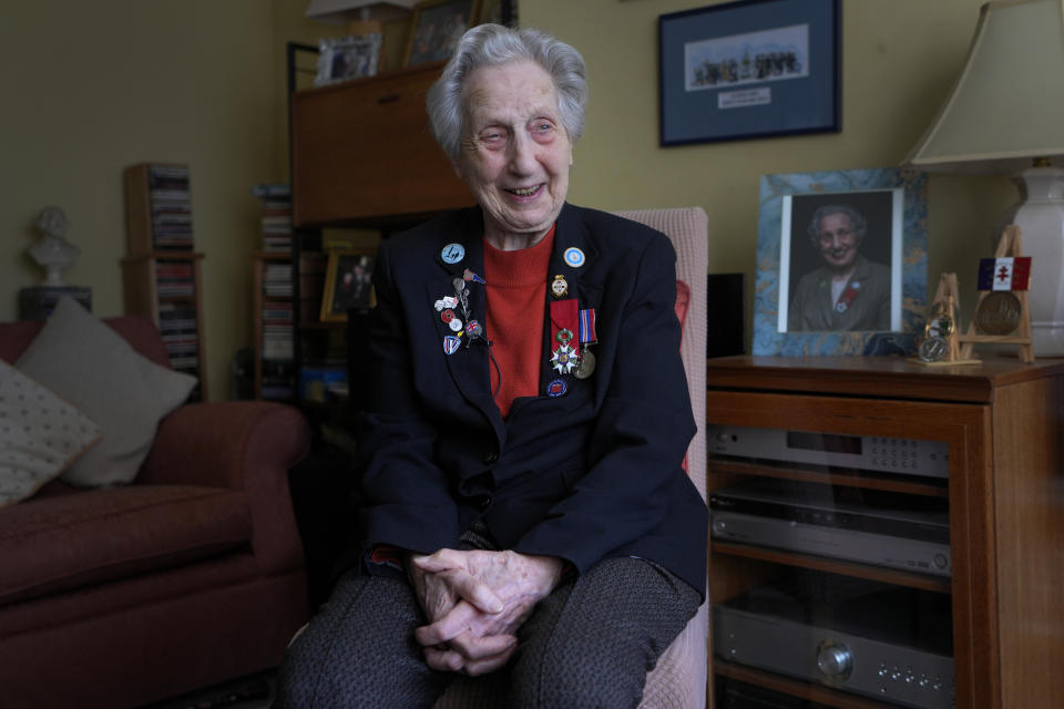 Marie Scott who was a serving Wren and switchboard operator at the time of D-Day, at her home in London, Thursday, April 25, 2024. D-Day, took place on June 6, 1944, the invasion of the beaches at Normandy in France by Alied forces during World War II. (AP Photo/Kirsty Wigglesworth)