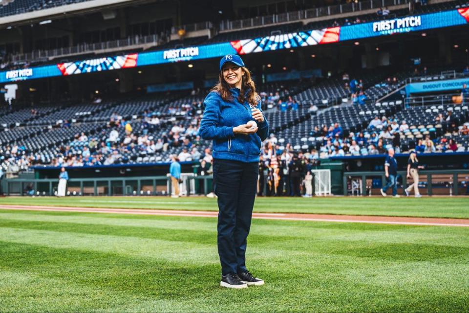 Soileh Padilla, the Hispanic Chamber of Commerce of Greater Kansas City’s consulate, throws out the first pitch at a Kansas City Royals game in 2024. Fresco Marketing