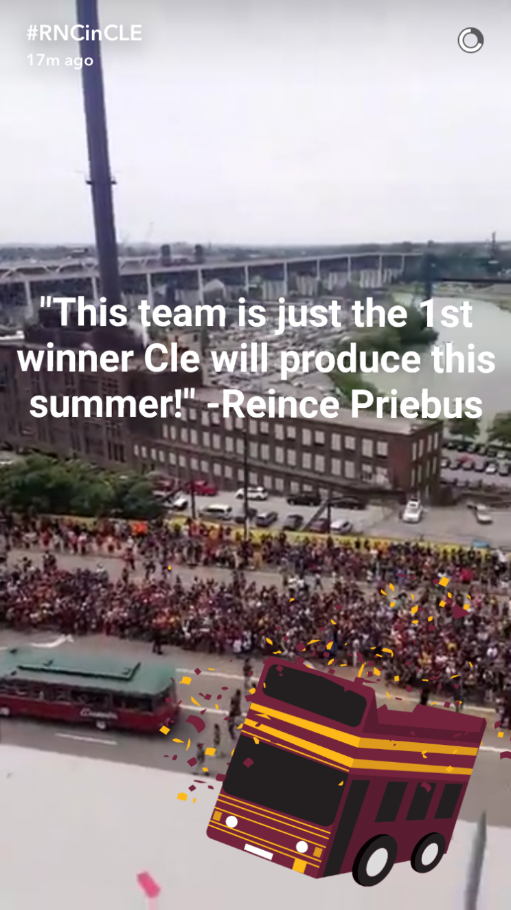 The Republican National Convention launched its official Snapchat account with a video from the Cleveland Cavaliers NBA Championship parade on Wednesday, June 22, 2016. (Photo: Screenshot via GOPConvention16 on Snapchat) 