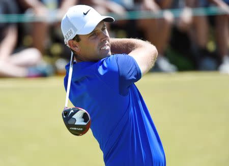 Jun 21, 2015; University Place, WA, USA; Charl Schwartzel hits his tee shot on the 1st hole in the final round of the 2015 U.S. Open golf tournament at Chambers Bay. Michael Madrid-USA TODAY Sports