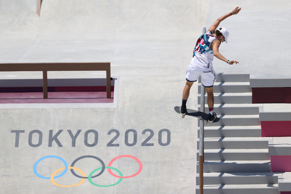 <p>TOKYO, JAPAN - JULY 25: Jagger Eaton of Team USA competes at the Skateboarding Men's Street Finals on day two of the Tokyo 2020 Olympic Games at Ariake Urban Sports Park on July 25, 2021 in Tokyo, Japan. (Photo by Dan Mullan/Getty Images)</p> 