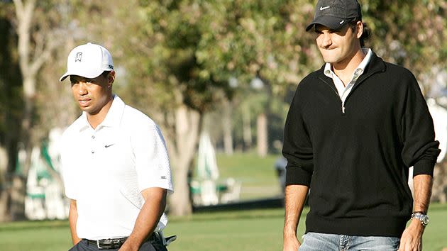 Woods and Federer on the golf course in 2007. Image: Getty