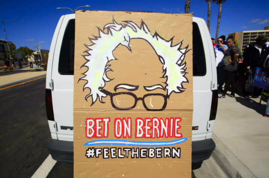 Bernie Sanders supporters seen before a rally at in National City, Calif., Saturday. (Howard Lipin/The San Diego Union-Tribune via AP)