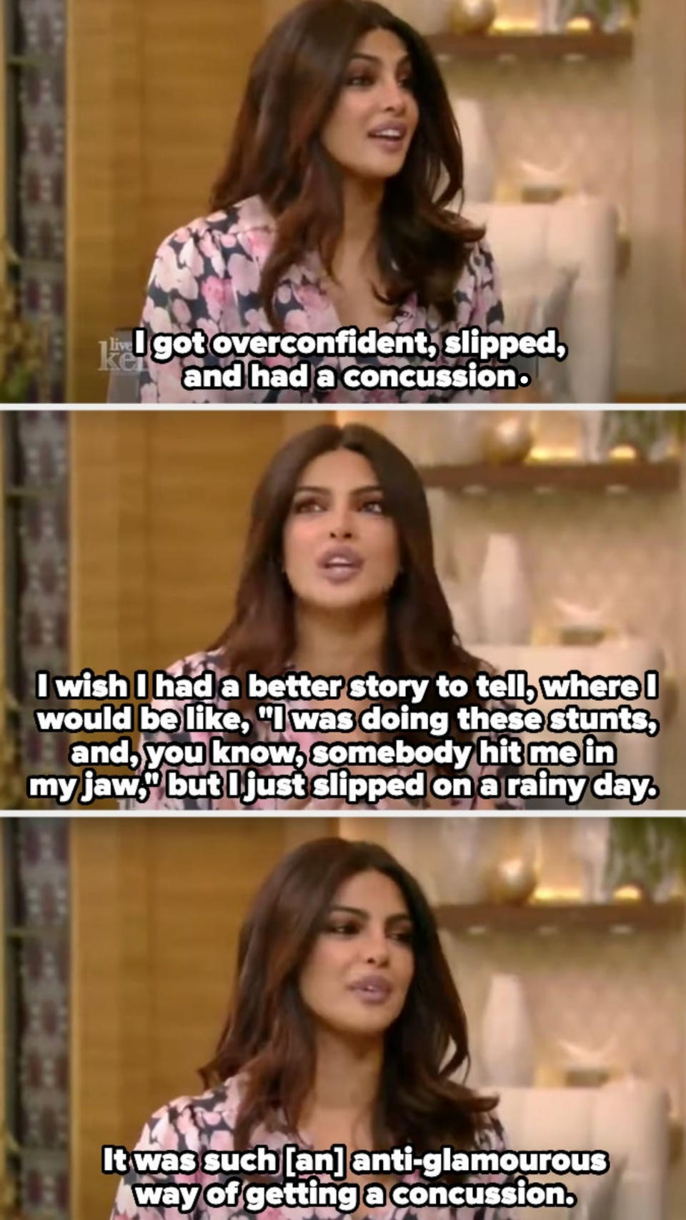 Priyanka Chopra discusses getting a concussion when she slipped on a rainy day during a TV interview